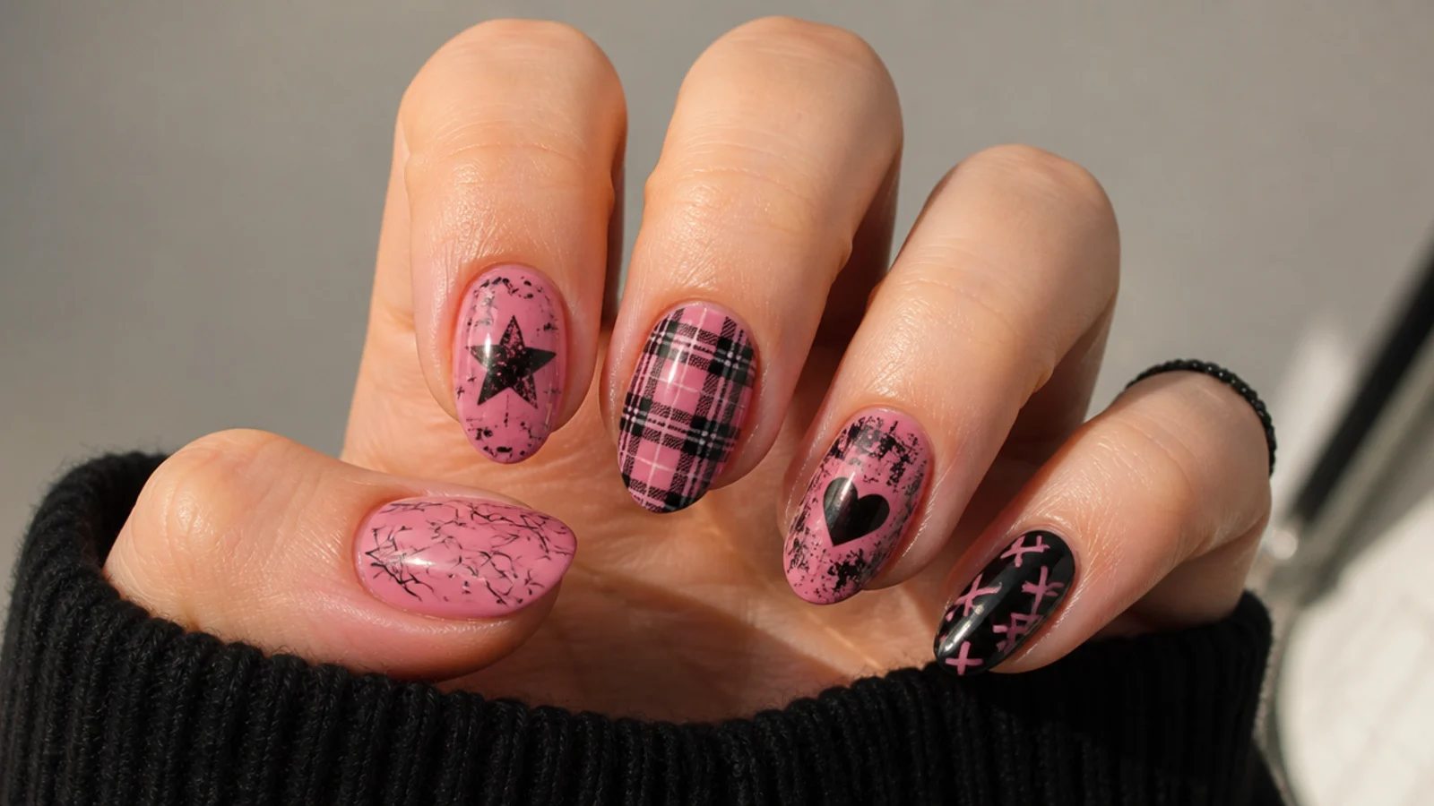 Pink and black grunge plaid emo baddie nails on short almond tips