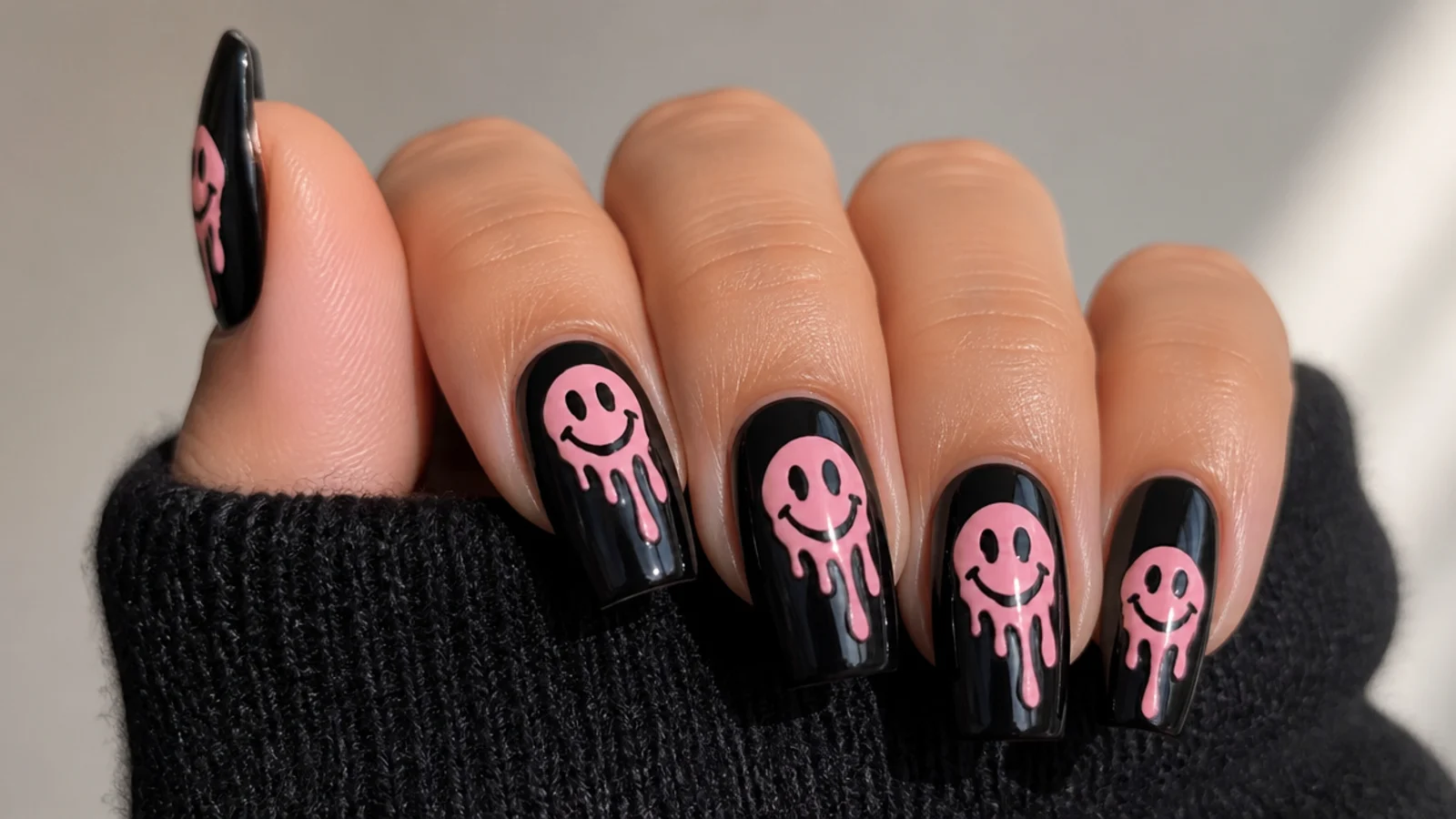 Black nails with dripping melting smiley faces, emo baddie style