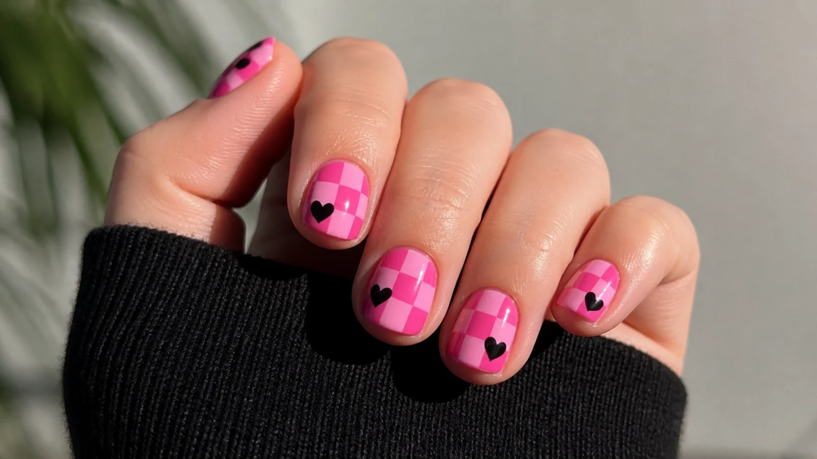 Short round nails with pink checkerboard and small black hearts, emo baddie style