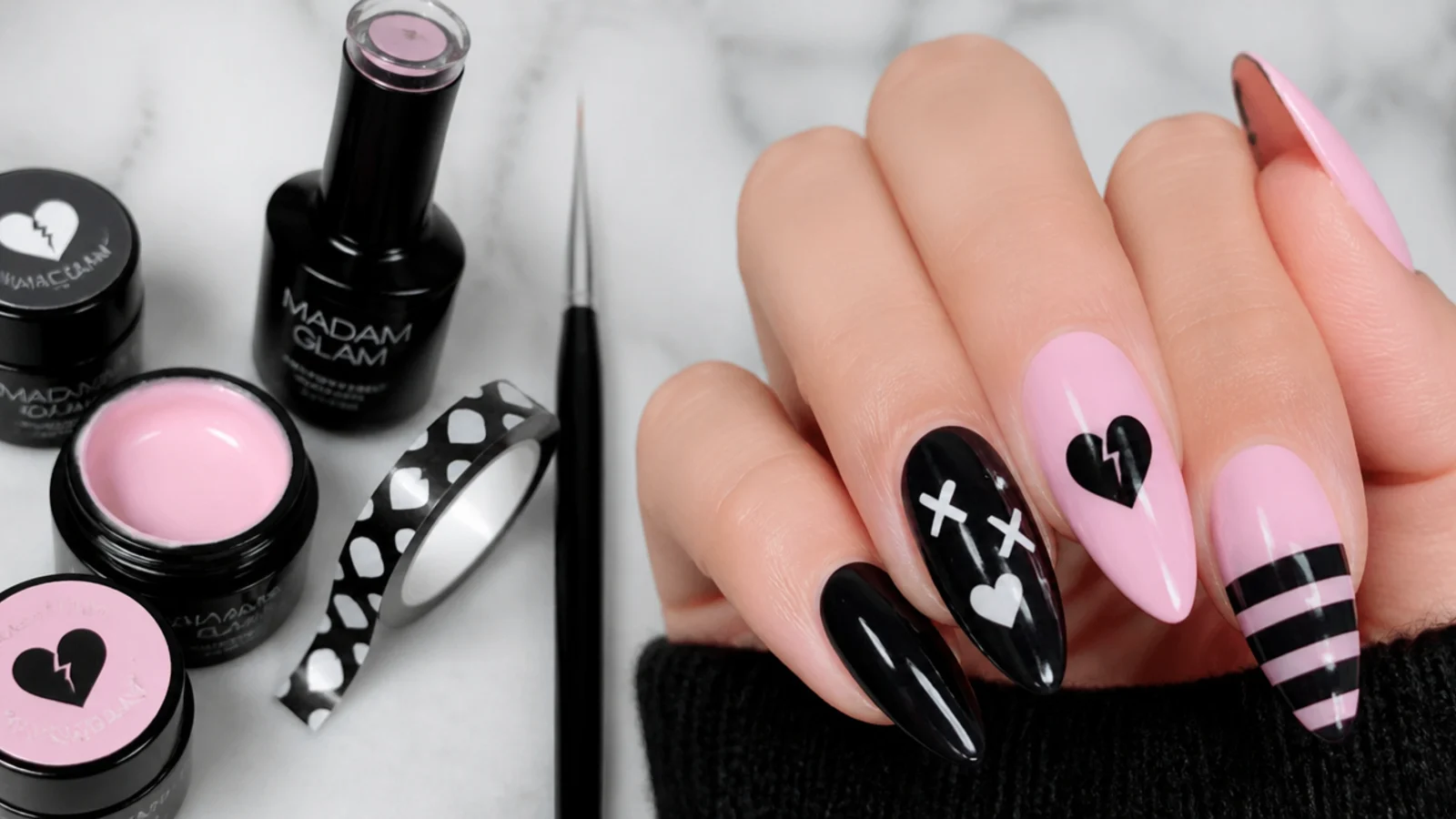 Emo nail supplies with black, pink gel, liner brush and striping tape