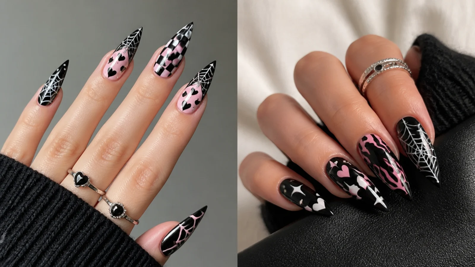 Black emo baddie nails with checkerboard, hearts and spiderweb motifs side by side