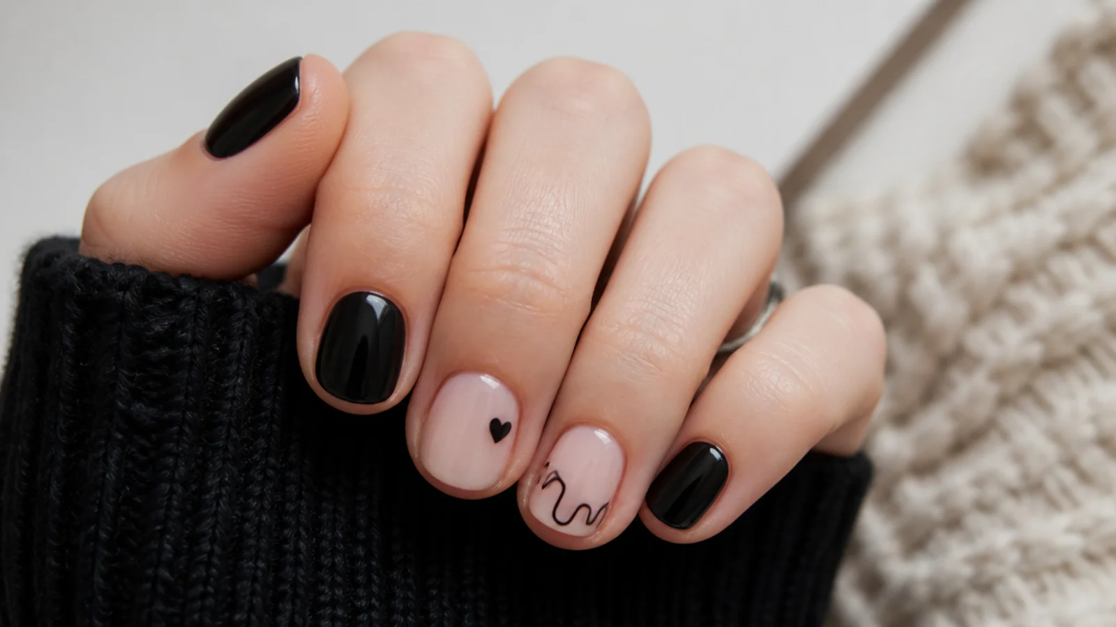 Short round nails with small subtle emo motifs for the office