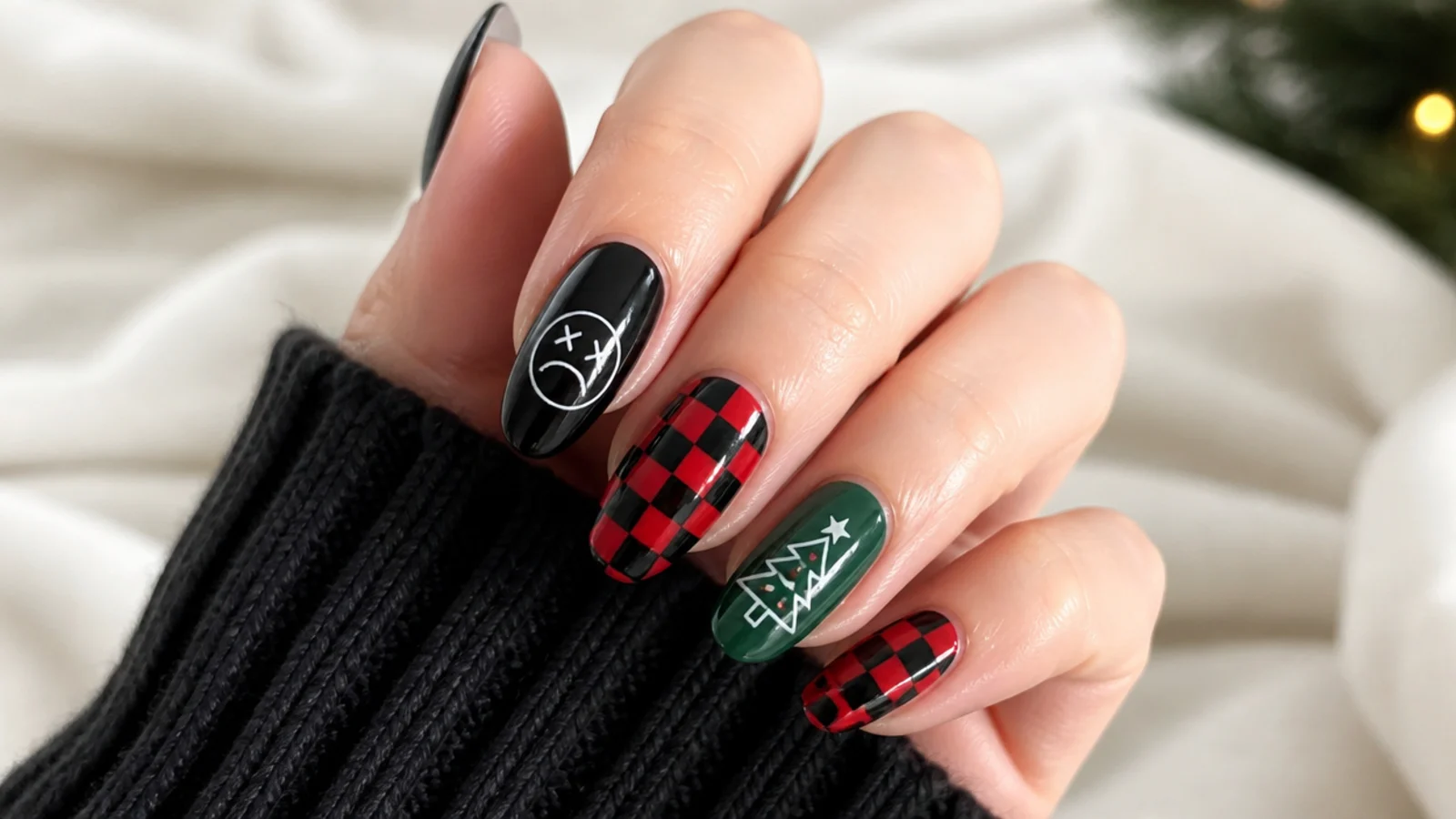 Emo Christmas nails with black and red checkerboard pattern and one green accent nail