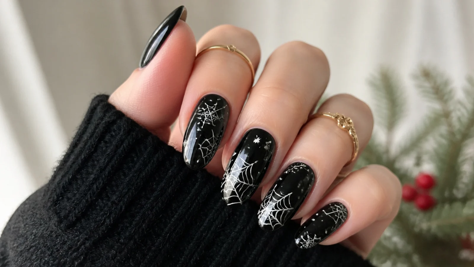 Black emo Christmas nails with white spiderweb from the corner doubling as a snowflake