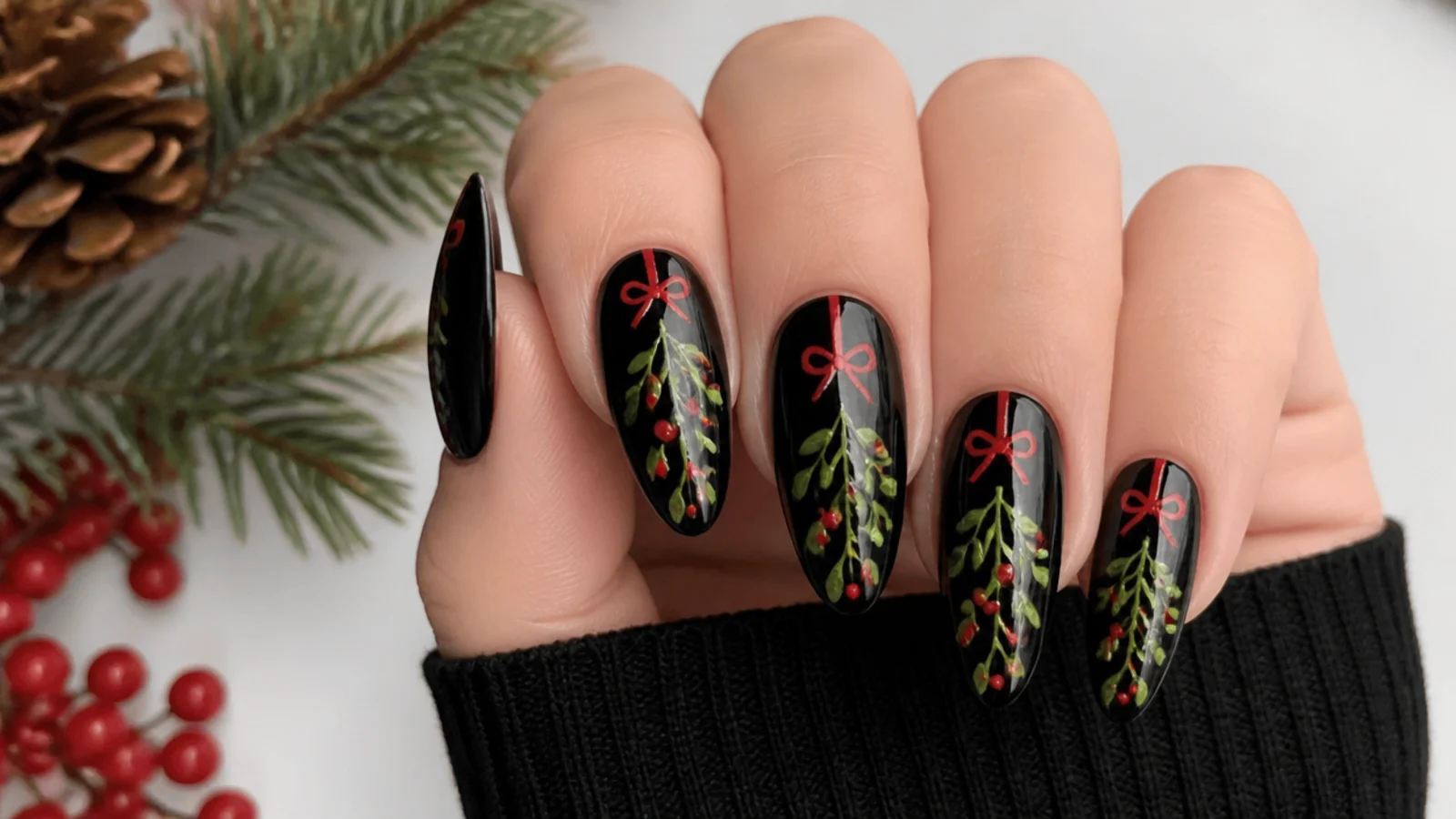Black emo Christmas nails with green mistletoe and red berries dripping down the nail