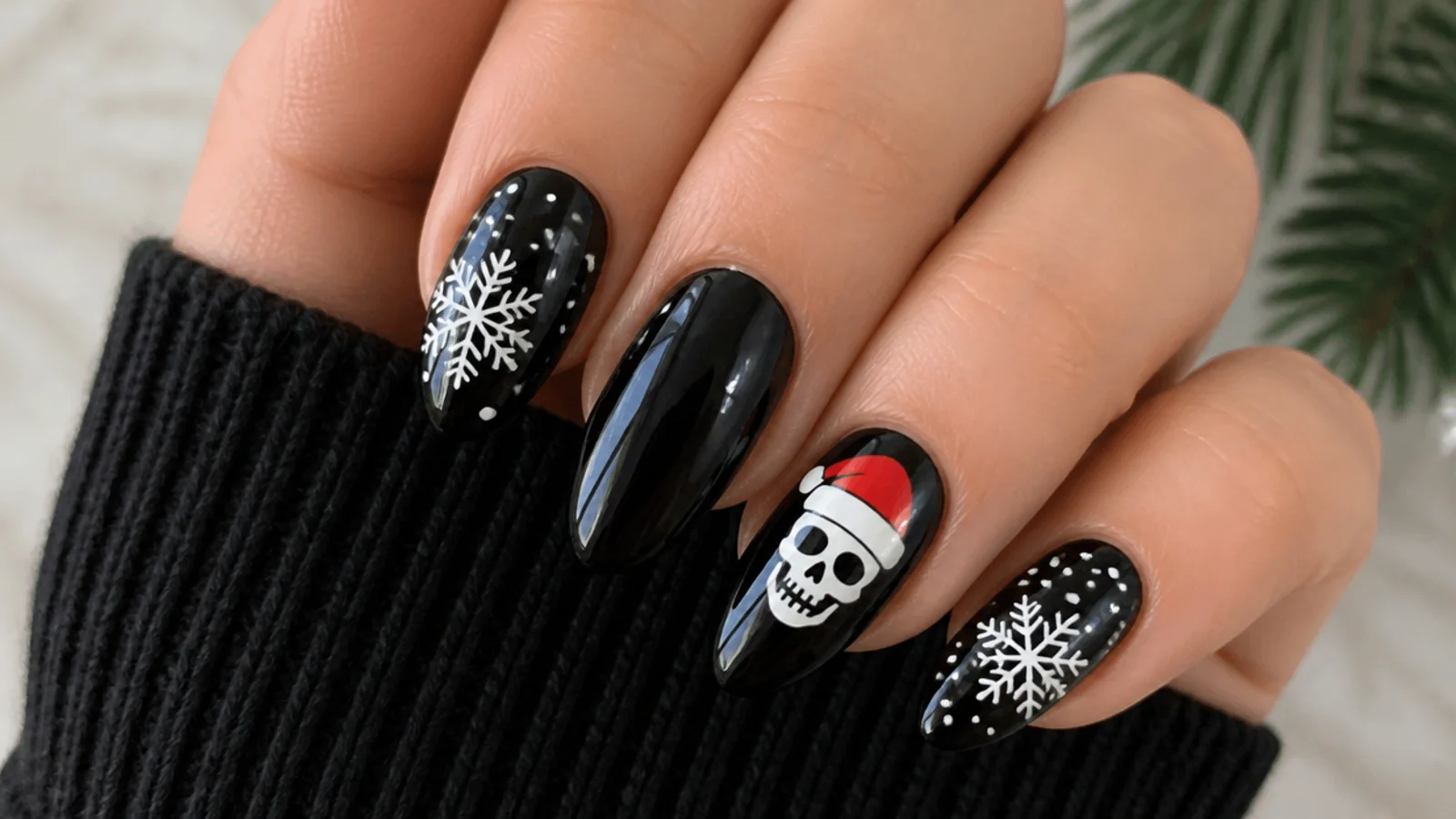 Black emo Christmas nails with a small white skull wearing a tiny red Santa hat on one accent nail