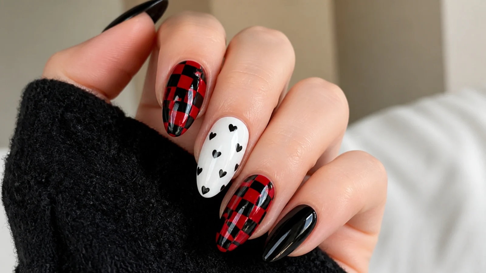 Emo nails with red and black checkerboard and small black hearts scattered on a white nail