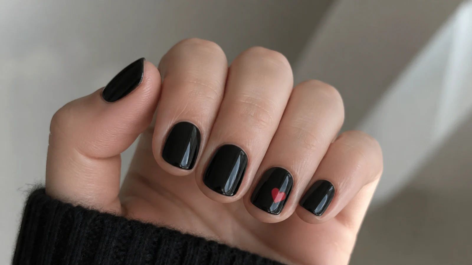 Short round emo nails in glossy black with one tiny red heart accent nail