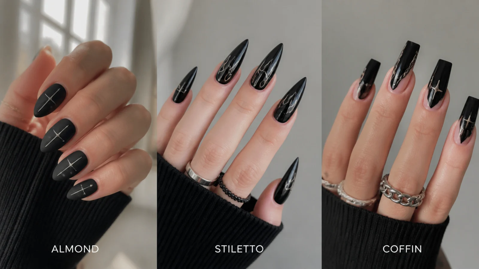 Almond, stiletto and coffin emo nail shapes shown side by side in black