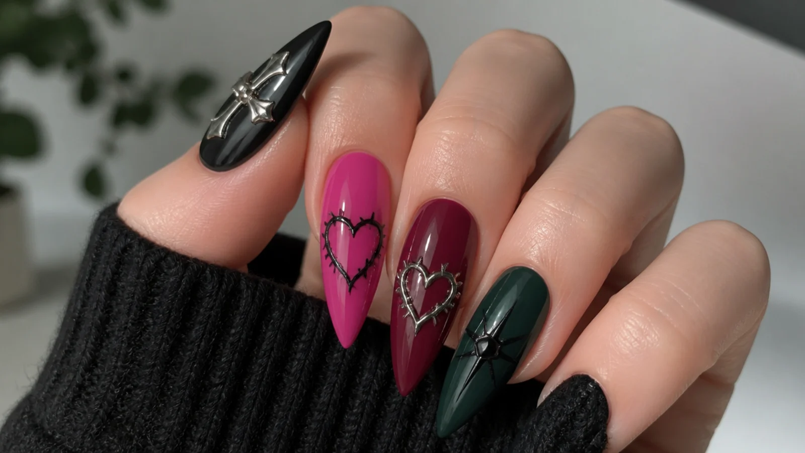 Swatches of black, hot pink, oxblood red and forest green emo nail colors with motif art