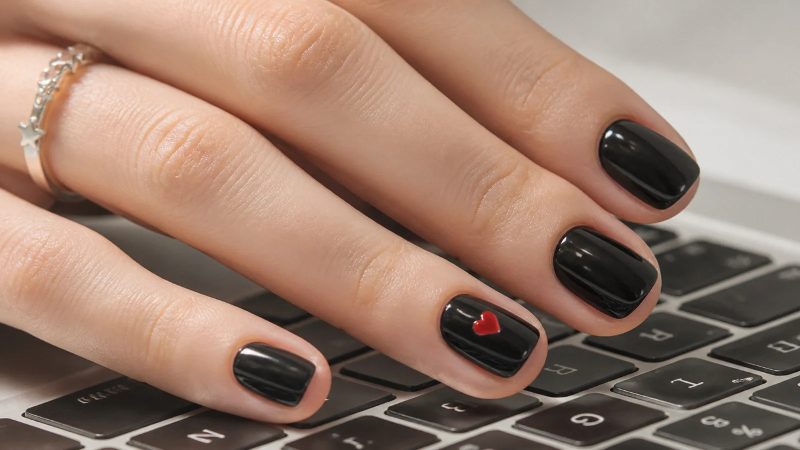 Short round black emo nails with one tiny red heart on a keyboard