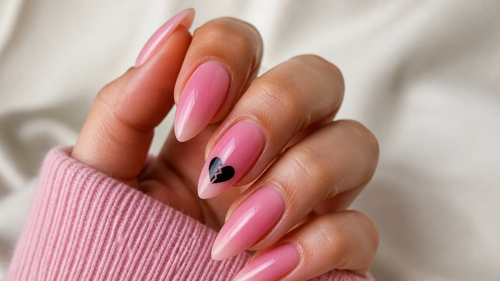 Soft pink emo nails with a black cracked broken heart accent