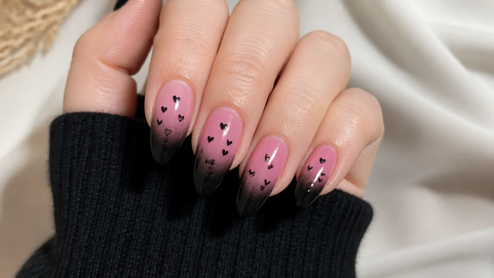 Pink to black ombre emo nails with tiny black hearts