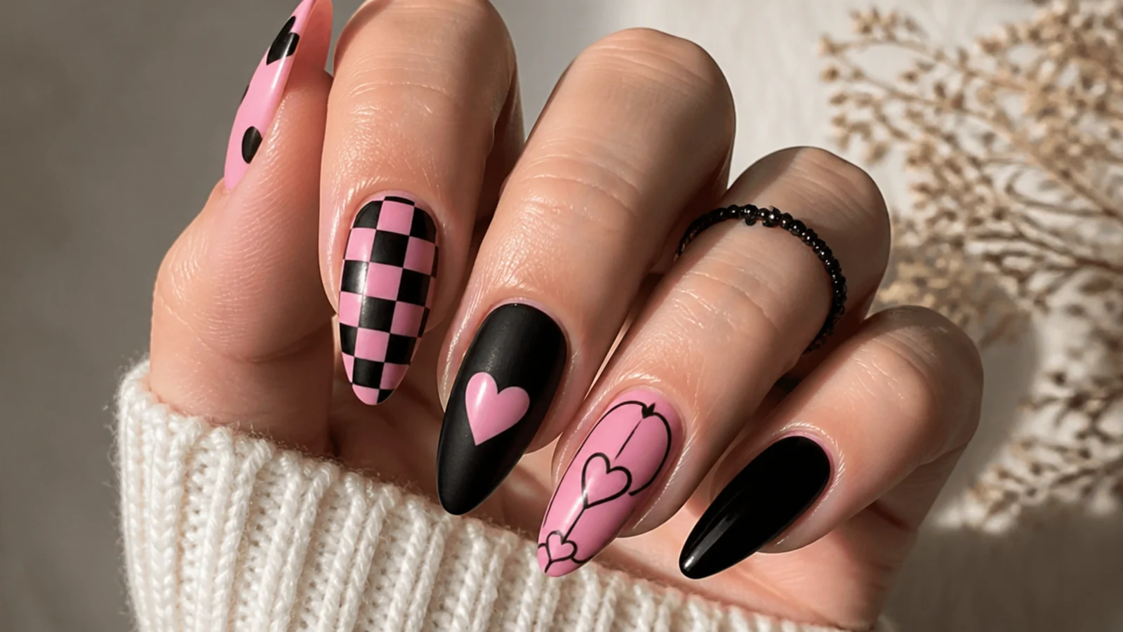 Mixed emo nails combining pink checkerboard and black heart accents