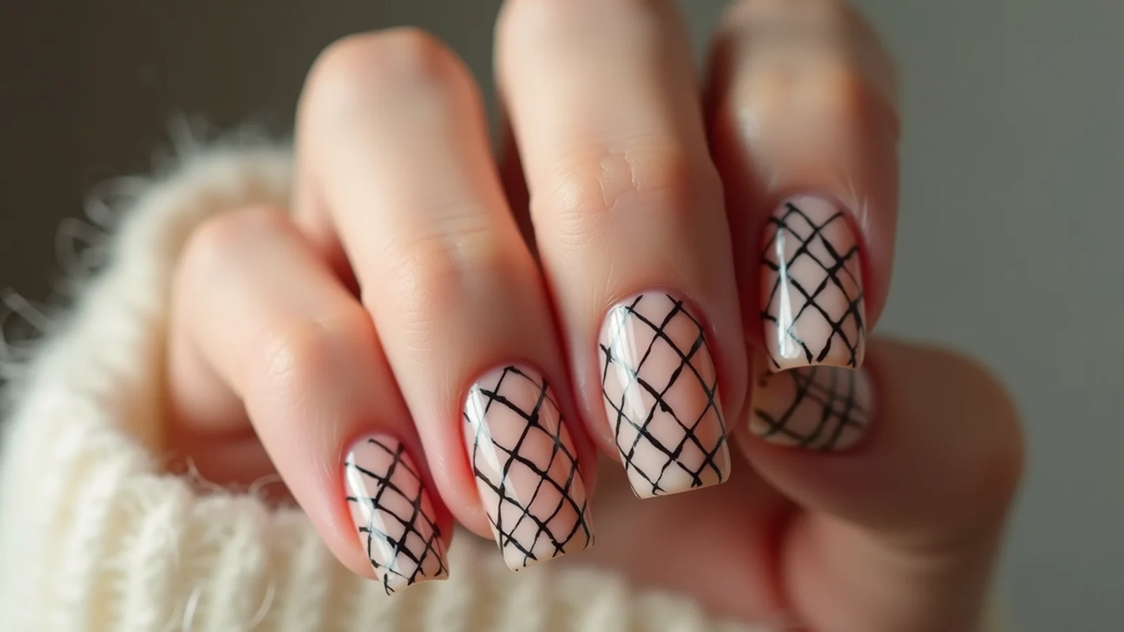 Sheer nude emo nails with black fishnet crosshatch pattern