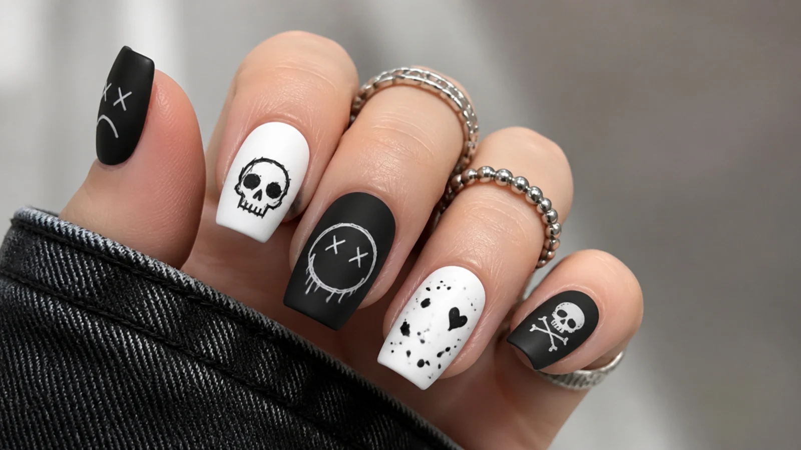 Black and white emo nails mixing small skulls and grunge smiley faces
