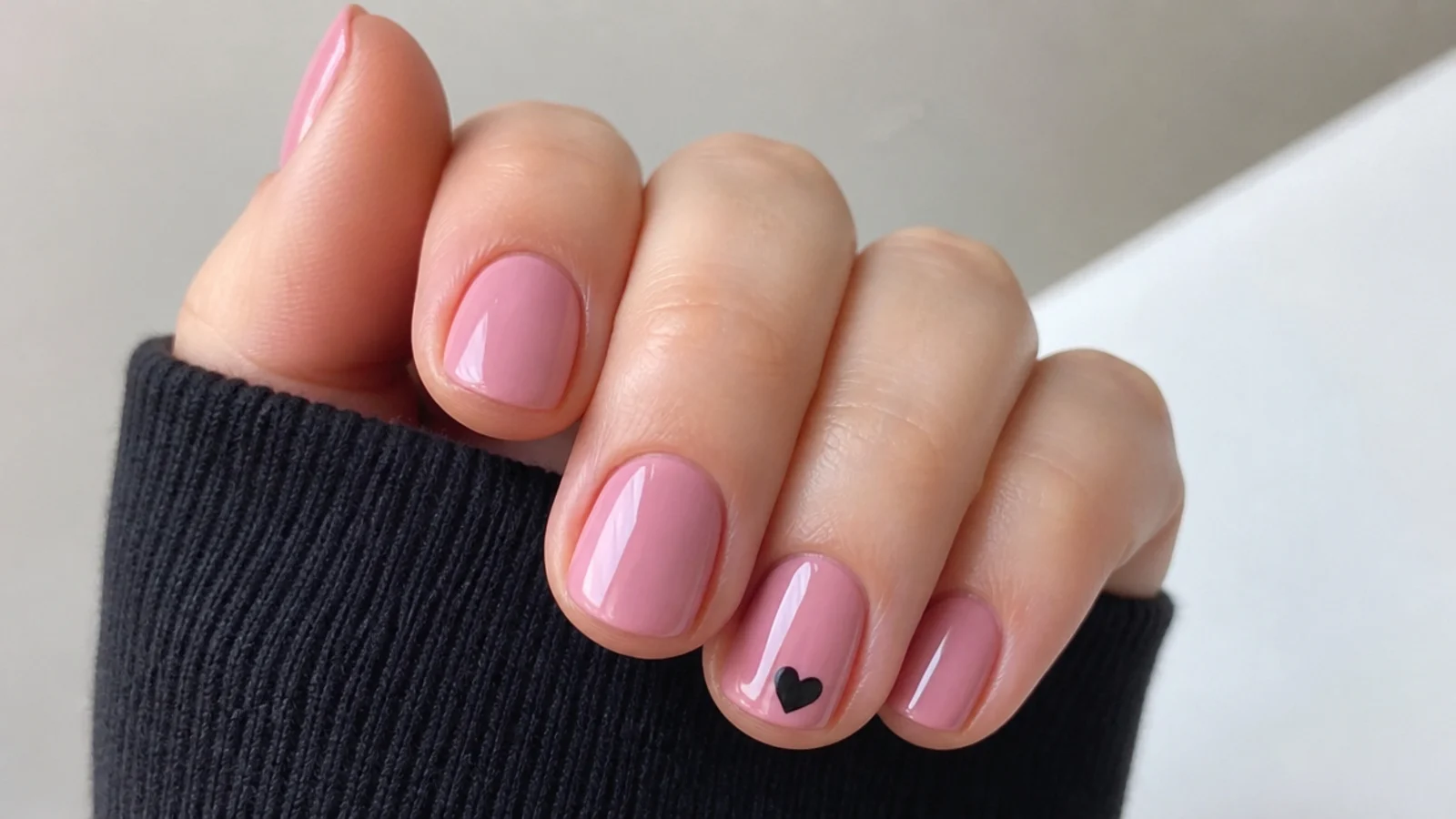 Short round pink emo nails with one small black heart accent