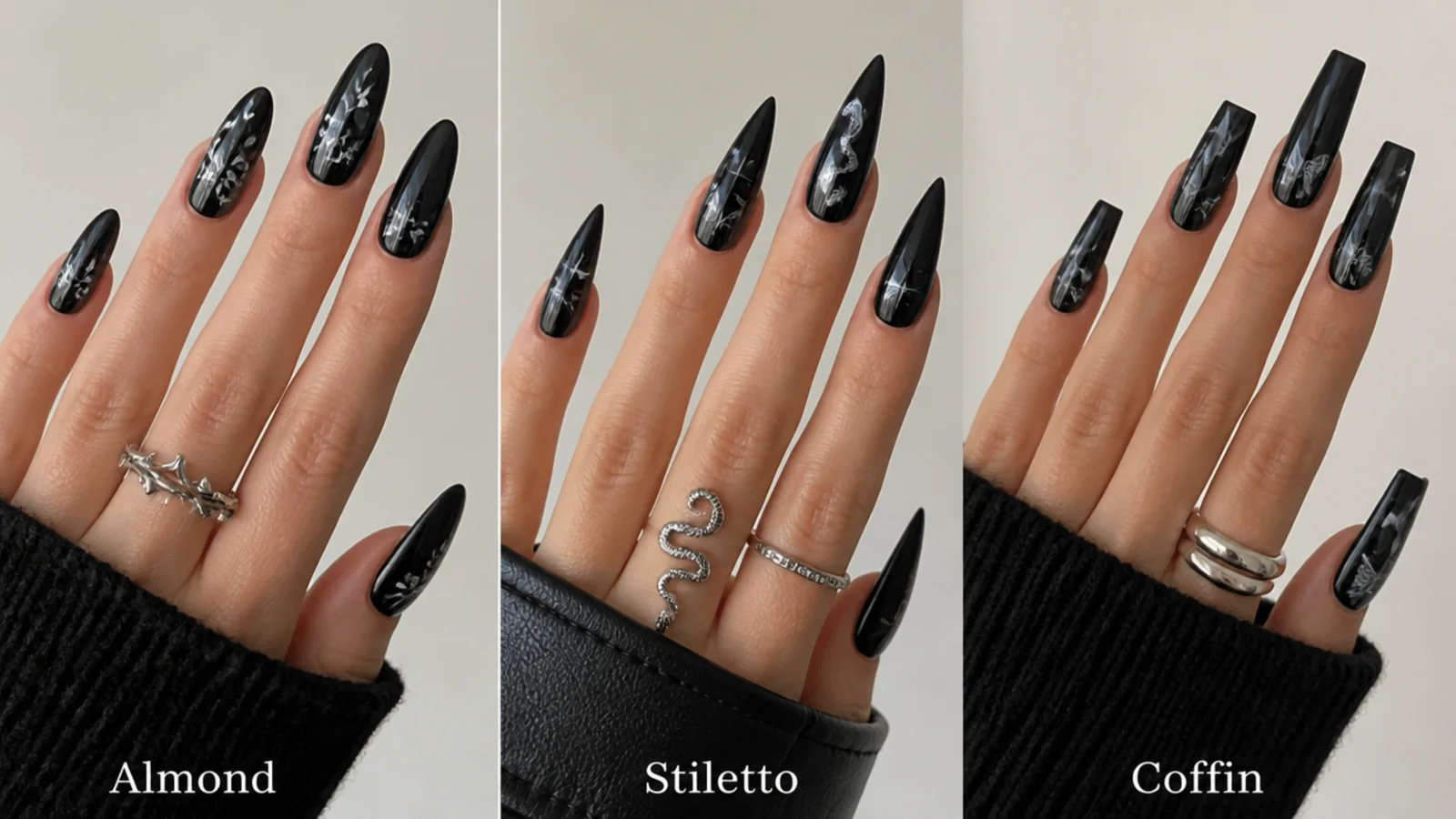 Almond, stiletto and coffin emo nail shapes shown side by side in black