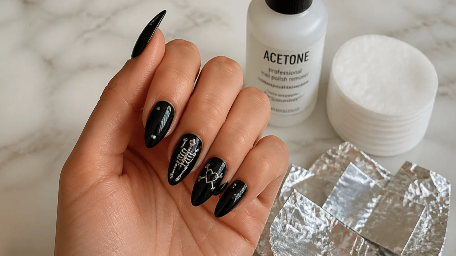 A sealed black emo manicure beside acetone, cotton and foil for removal