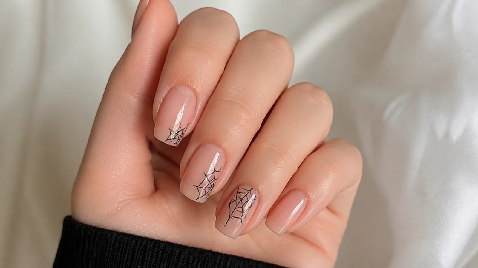 Sheer nails with fine black spiderweb art on two accent nails
