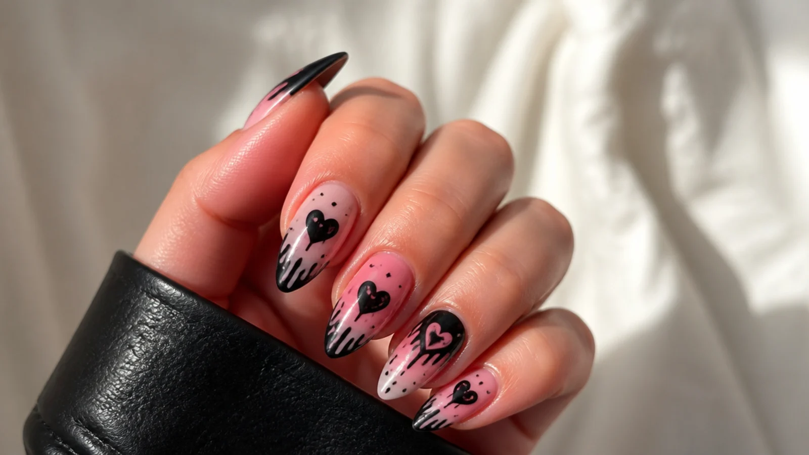 Pink emo nails with black hearts and dripping paint effect