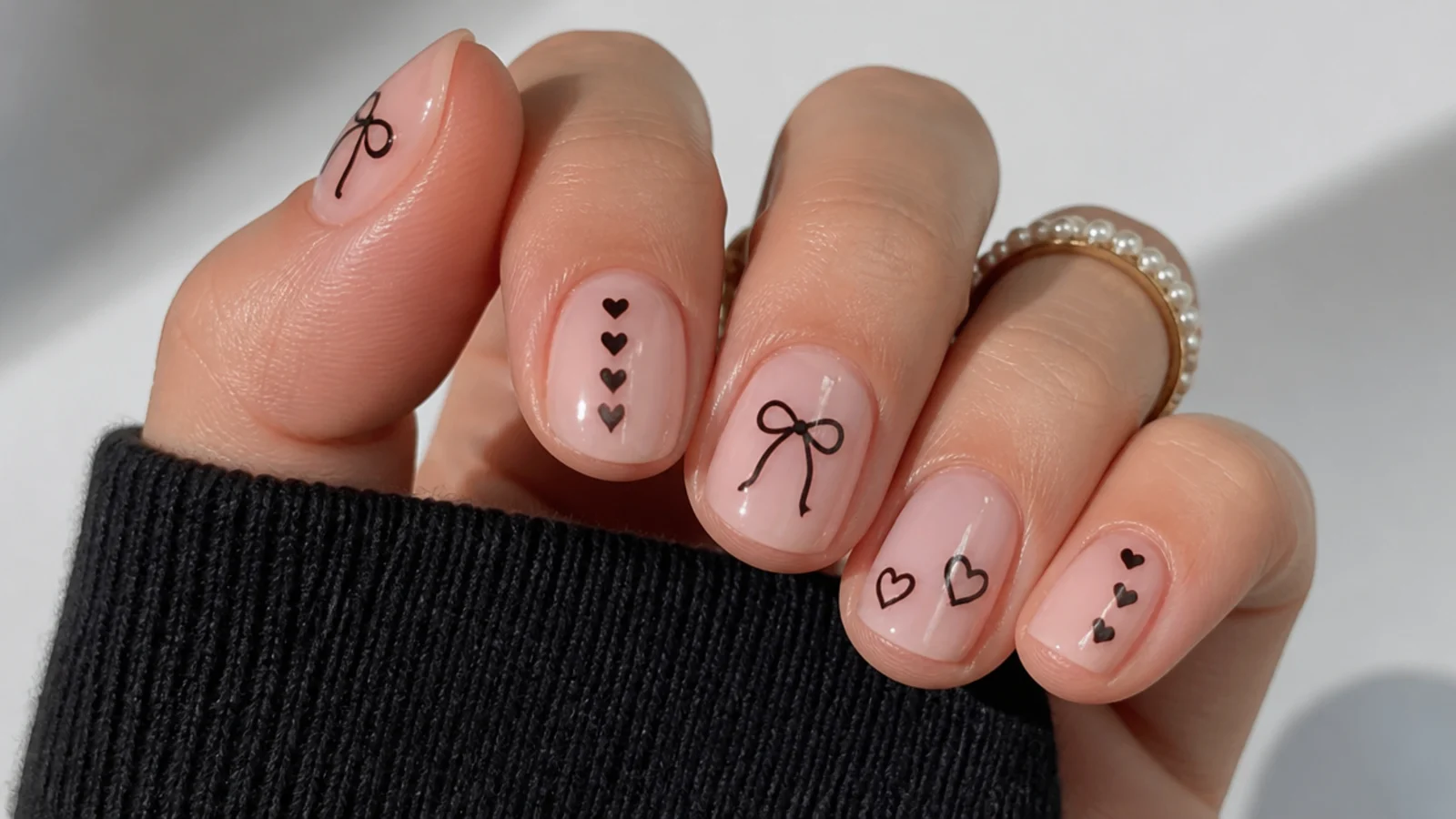 Short milky pink emo nails with tiny black bows and hearts
