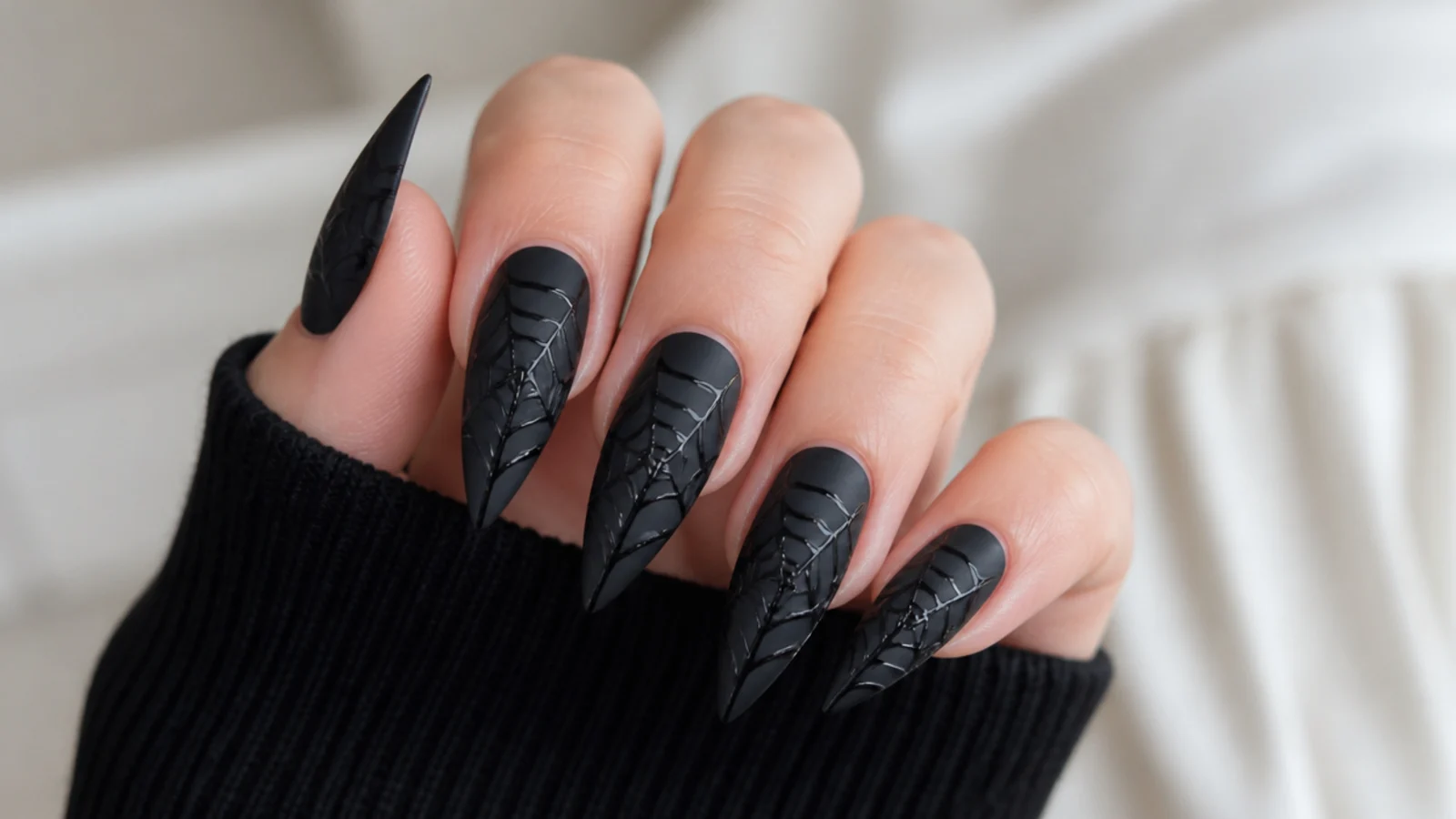 Long matte black stiletto emo nails with glossy black spiderweb detail