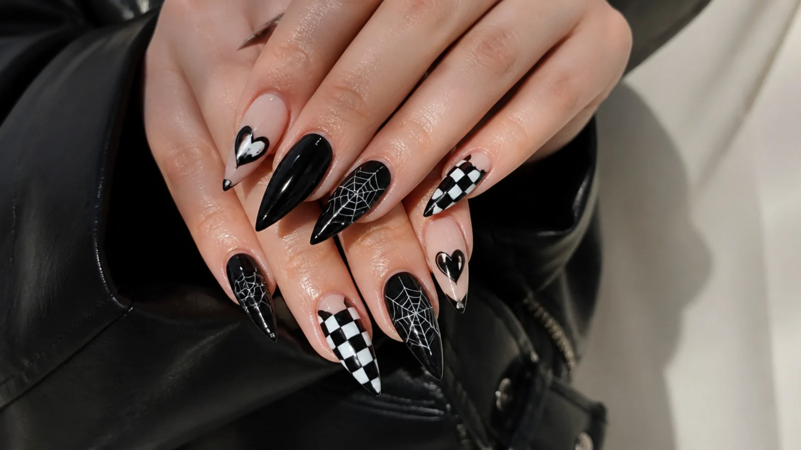 Black emo nails showing checkerboard, hearts and spiderweb motifs together