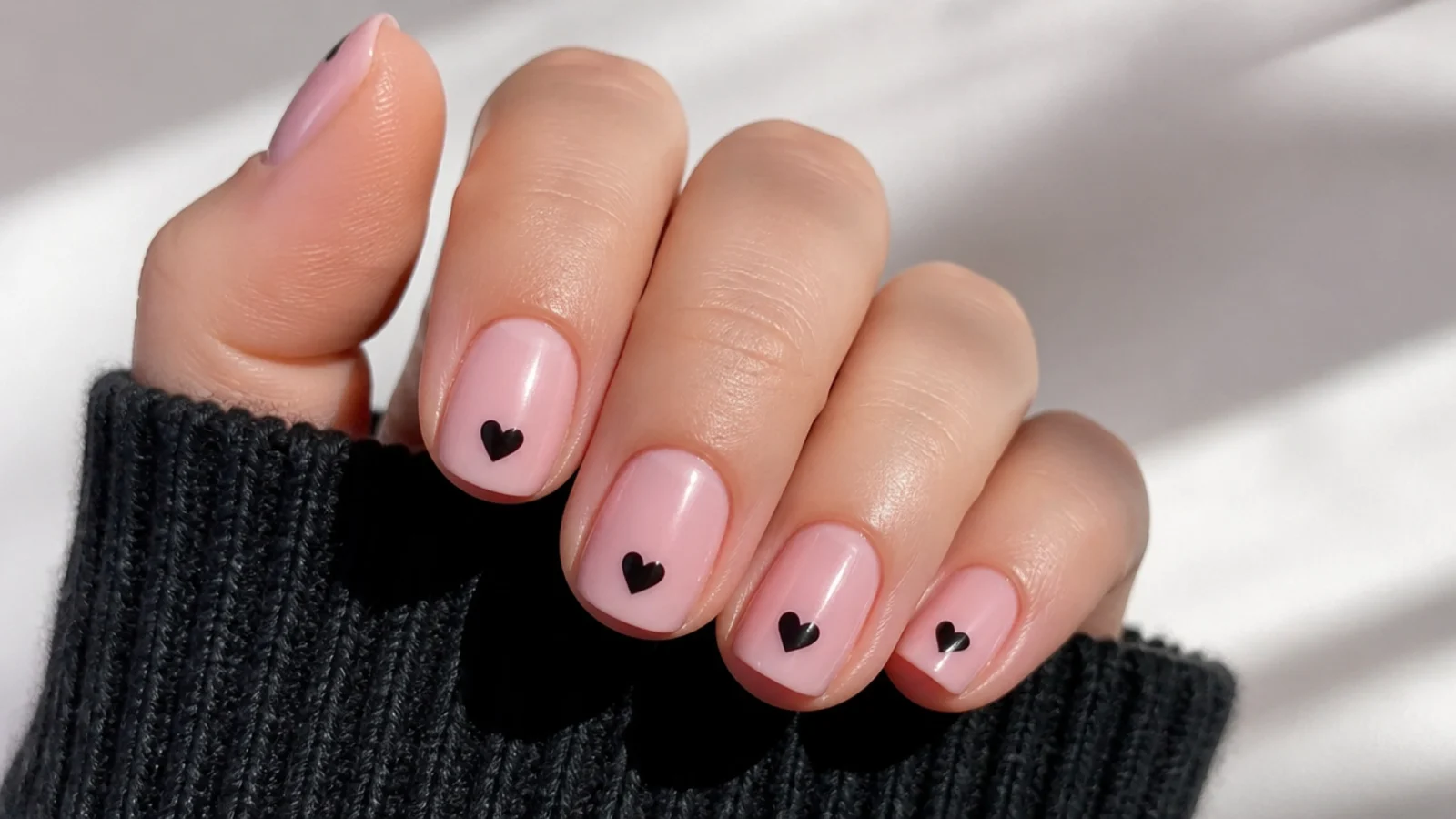 Short round emo nails with tiny black hearts on a soft pink base