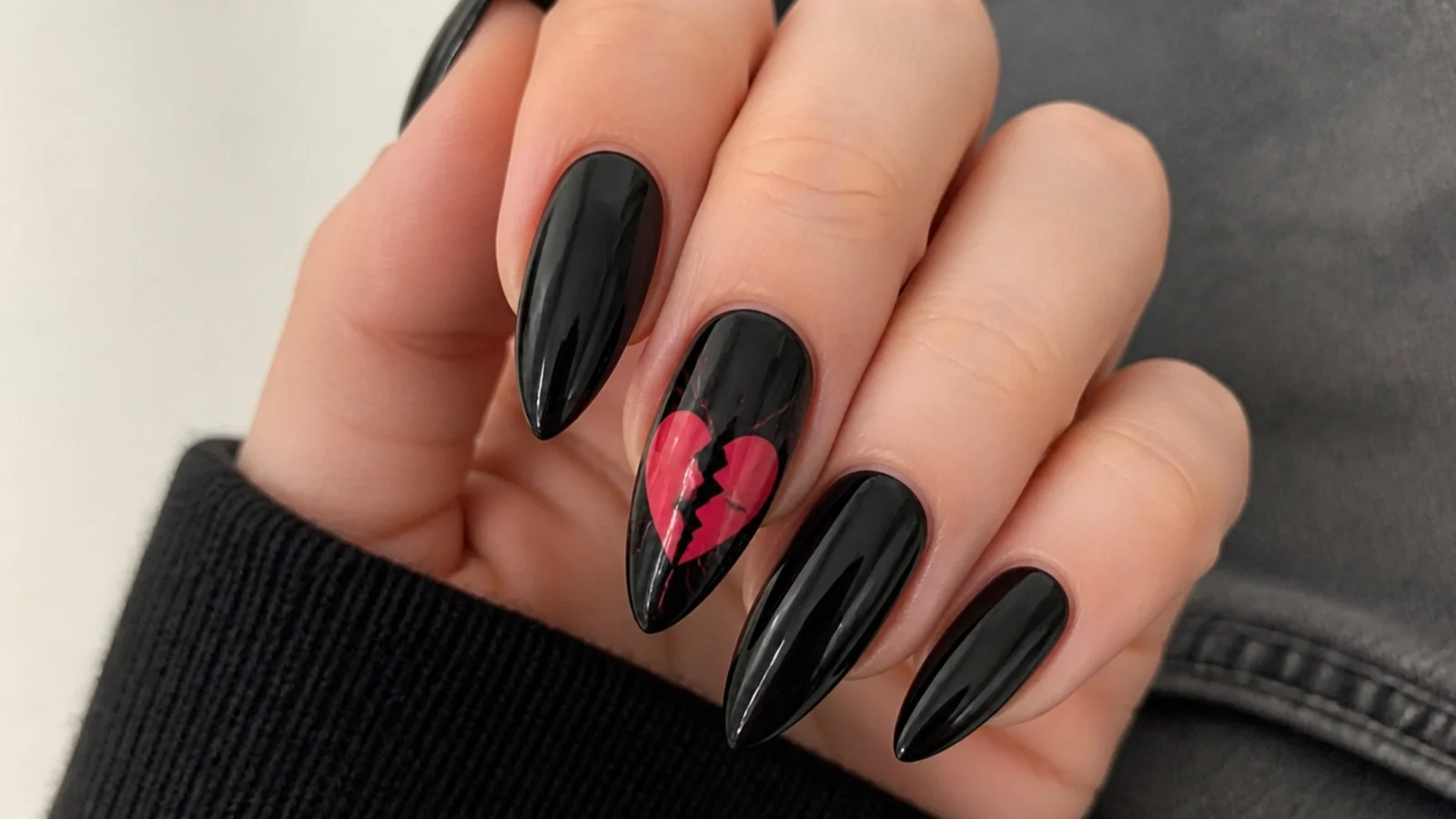 Black emo nails with a cracked red and pink broken heart accent