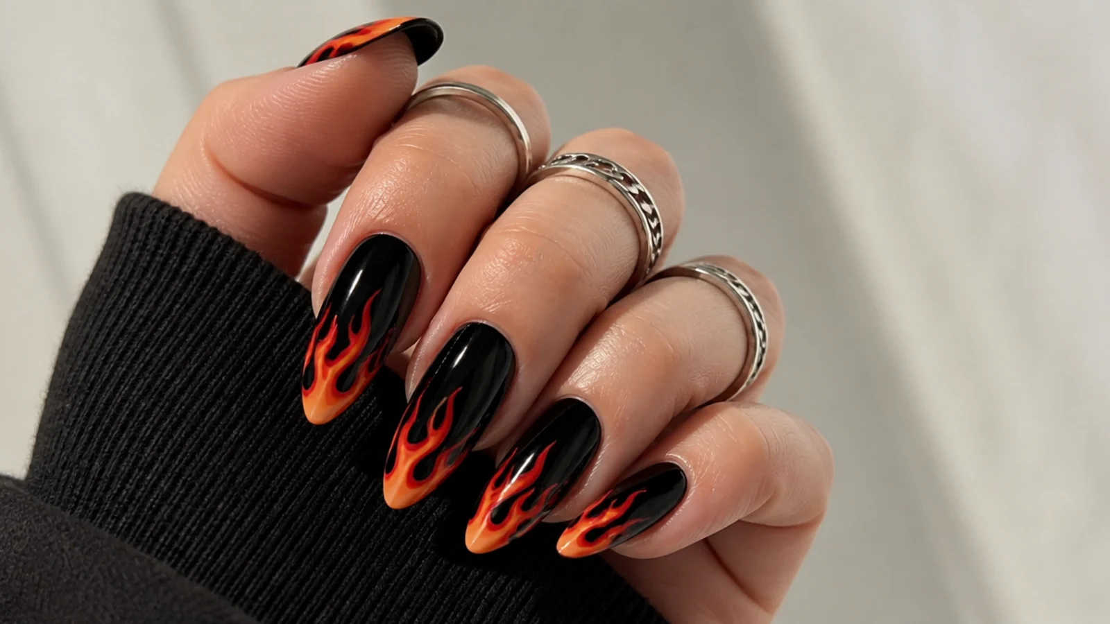 Black emo nails with red and orange flame tips