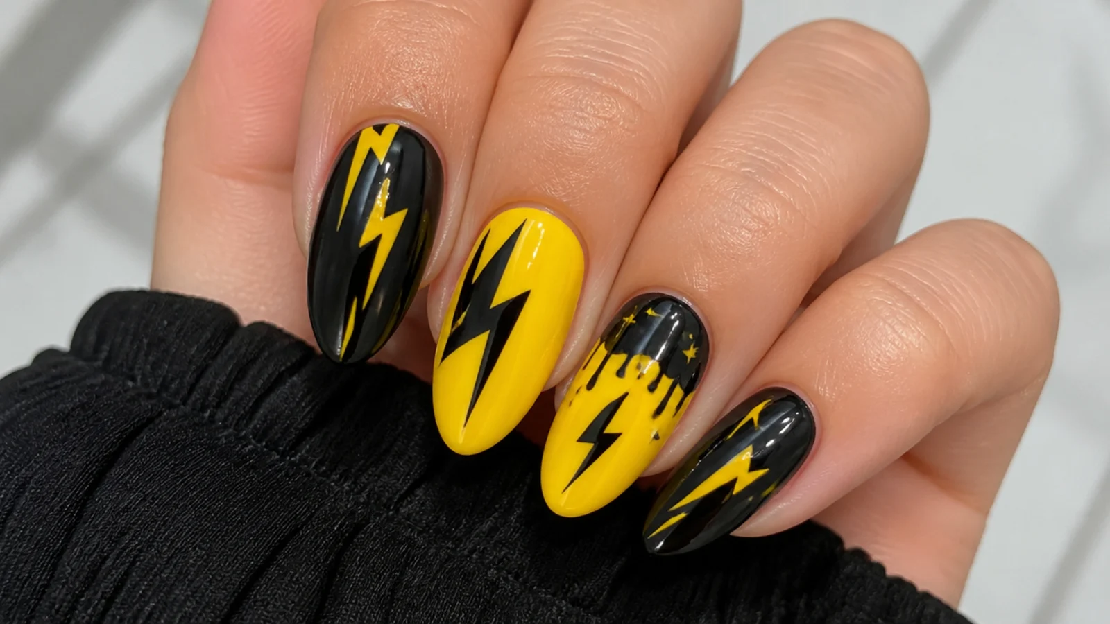 Black and yellow lightning bolt emo nails
