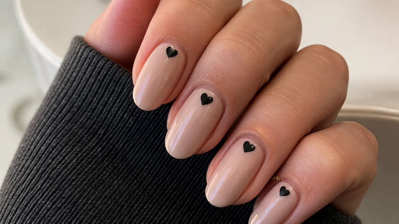 Nude emo nails with tiny black hearts at the cuticle