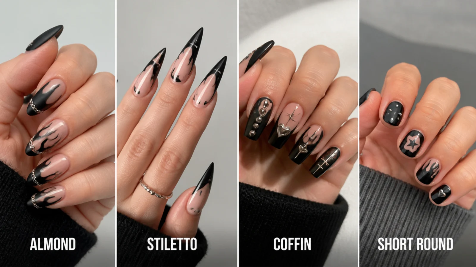 Emo nails shown in almond, stiletto, coffin and short round shapes