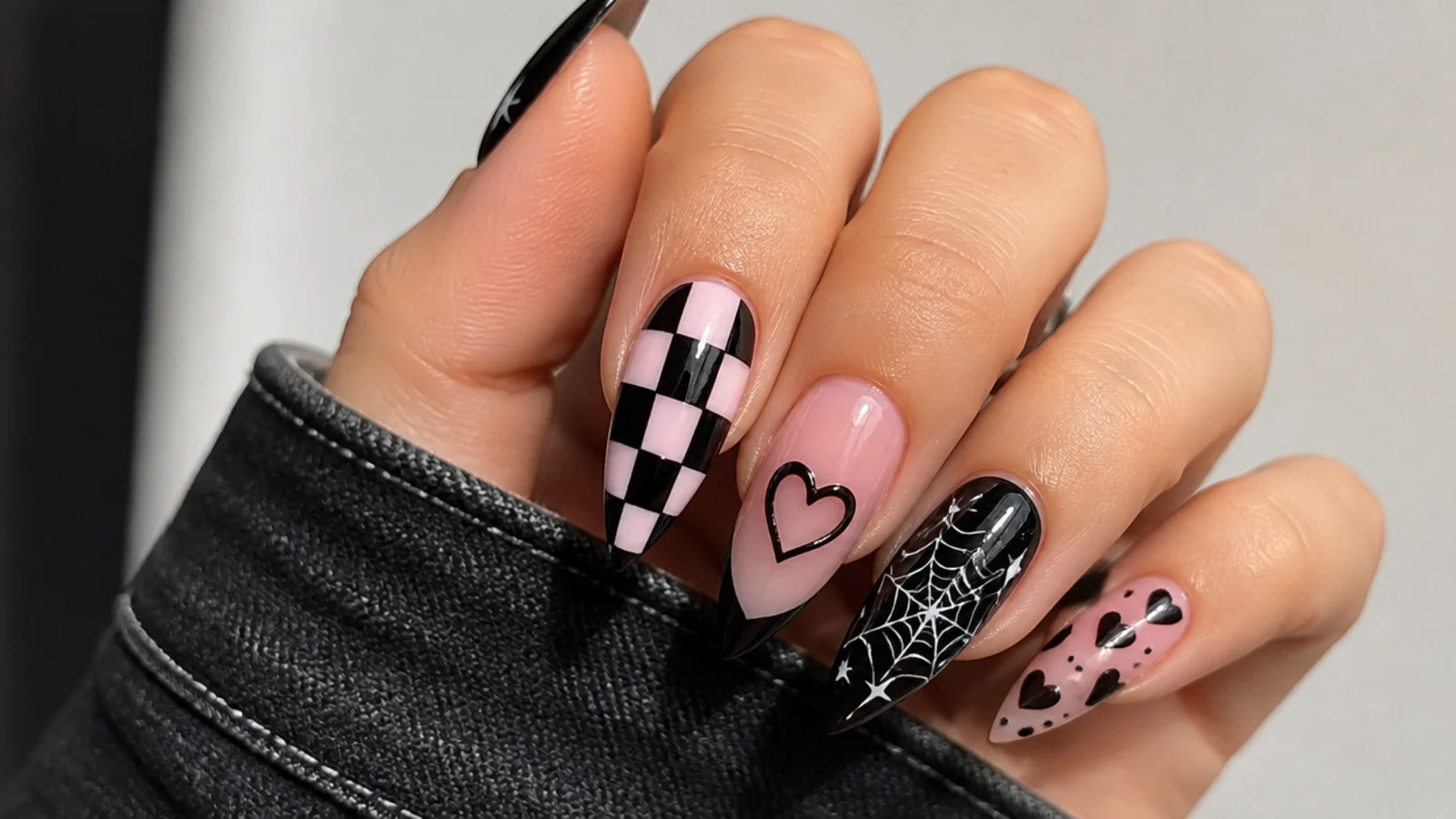 Black emo nails showing checkerboard, hearts and spiderweb motifs together