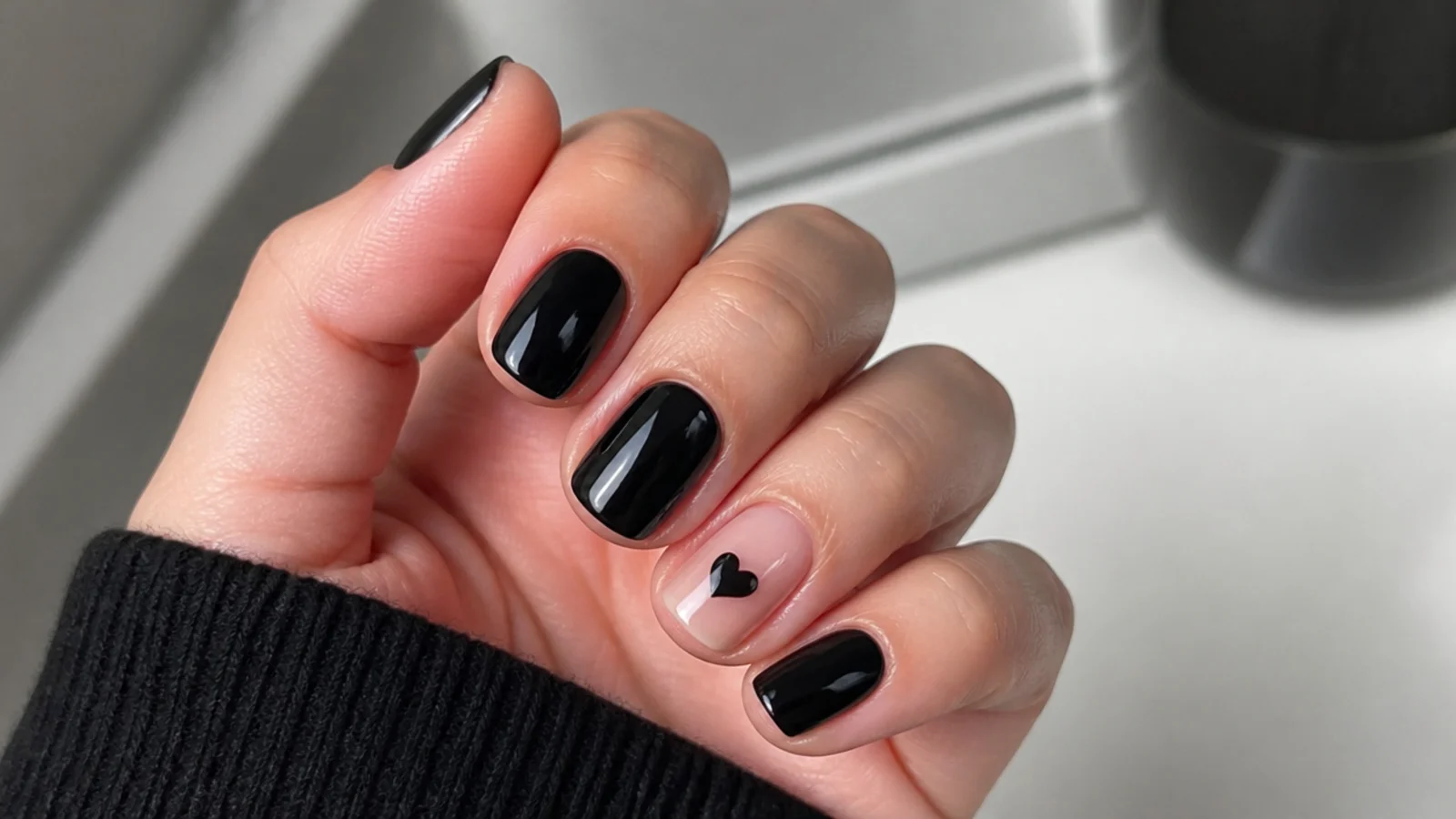 Short round black emo nails with a tiny heart accent for the office