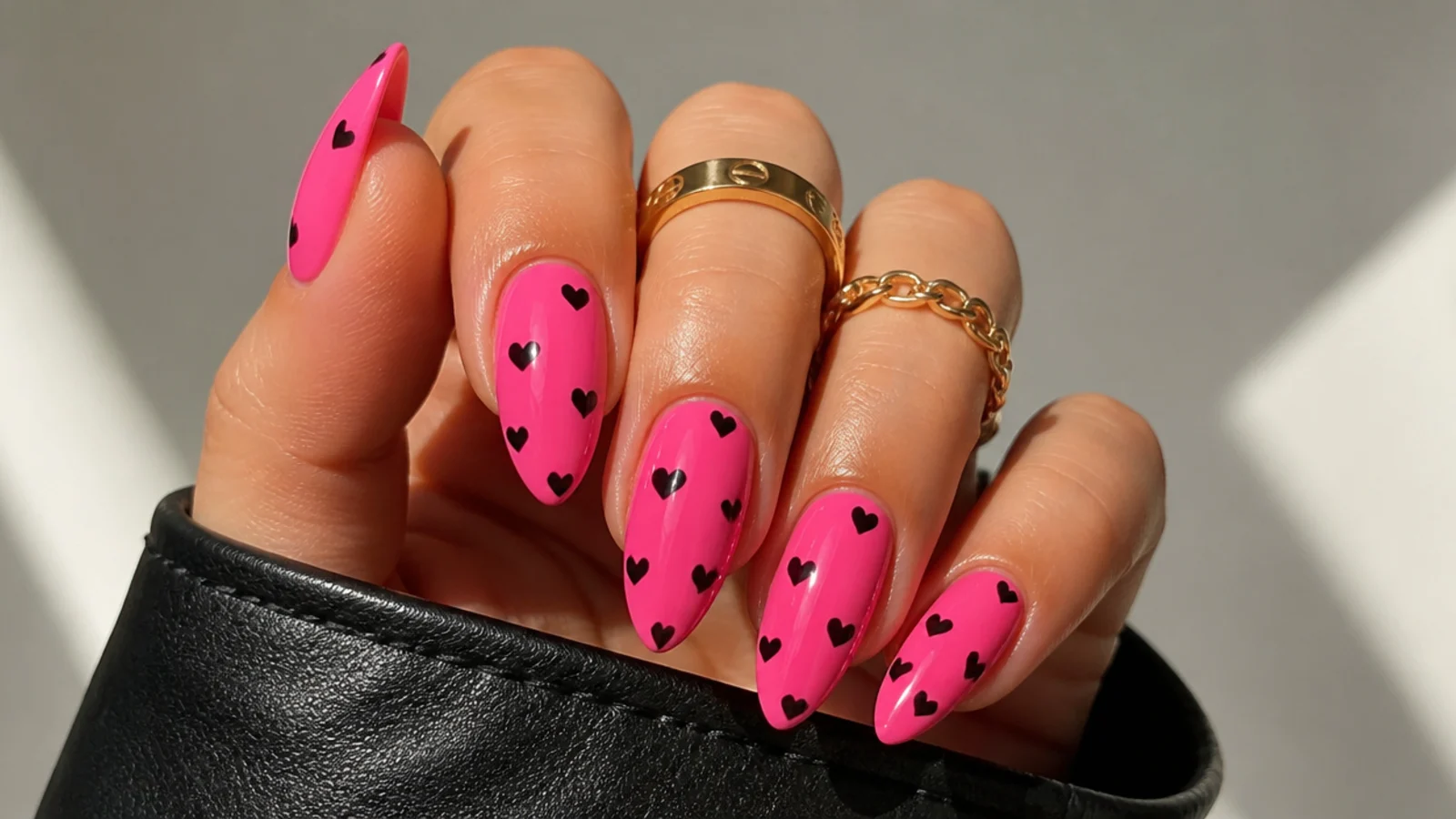 Hot pink nails with small black hearts scattered as emo Y2K accents