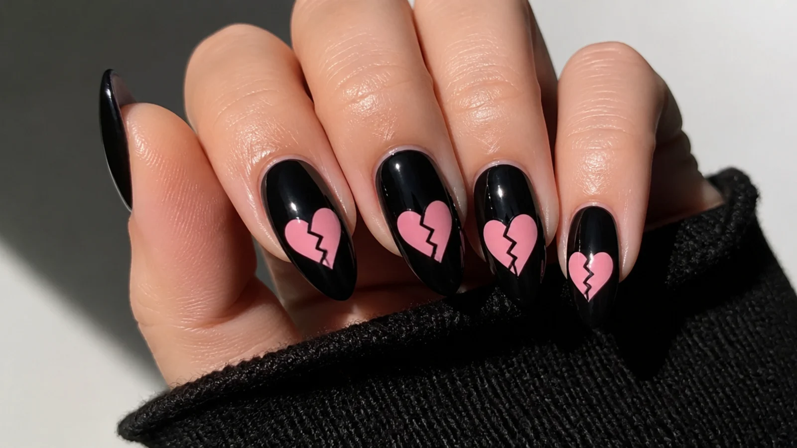 Black nails with pink cracked broken heart motifs, emo Y2K style