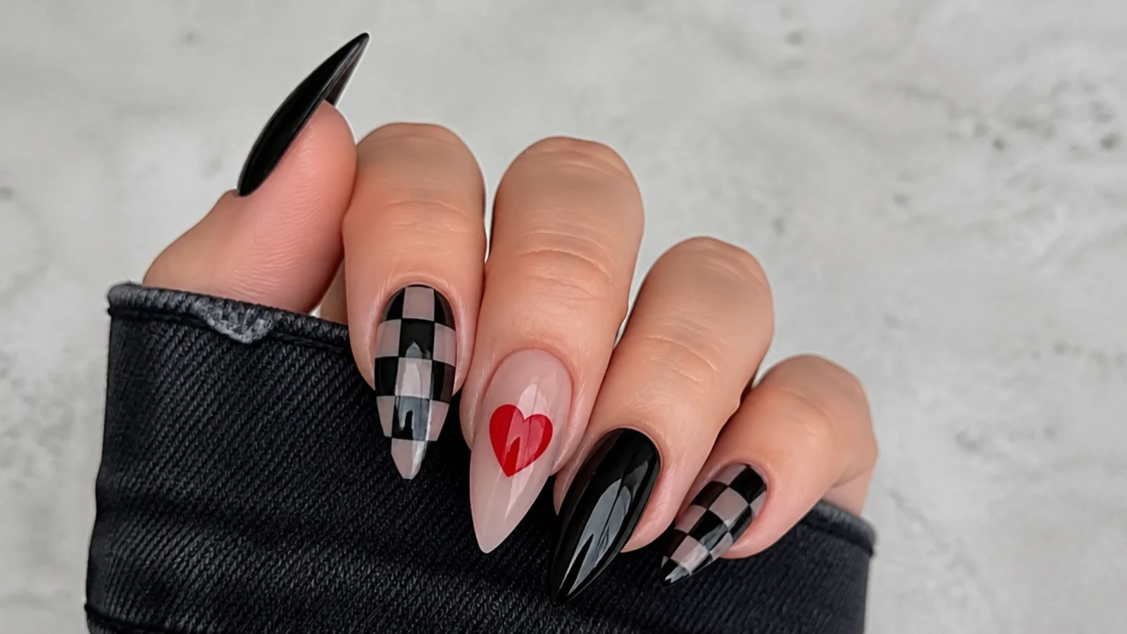 Emo nails mixing black checkerboard nails with a red heart accent