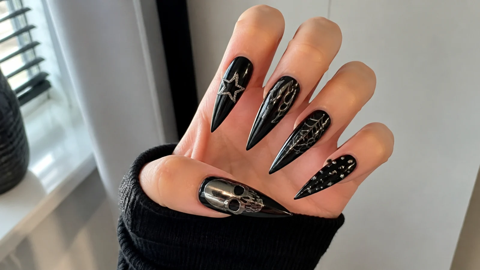 Long glossy black stiletto emo nails, full dark Y2K style