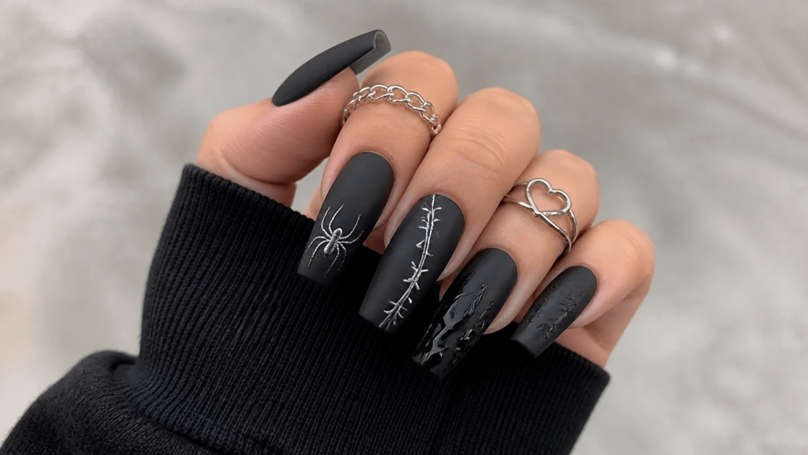 Matte black coffin emo nails, full dark Y2K style