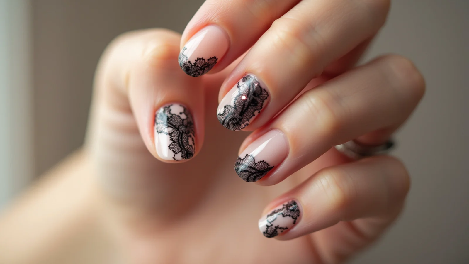 Sheer nude nails with black lace pattern painted on top, emo Y2K