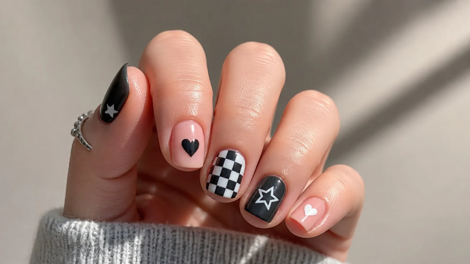 Short round nails with small hearts, stars and checker accents, emo Y2K