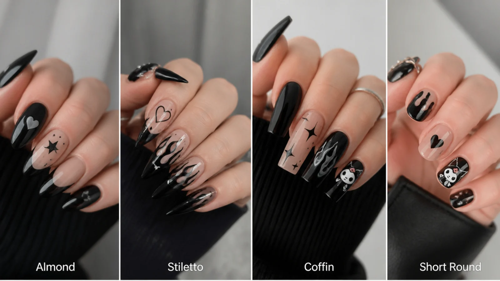 Almond, stiletto, coffin and short round nail shapes for emo designs