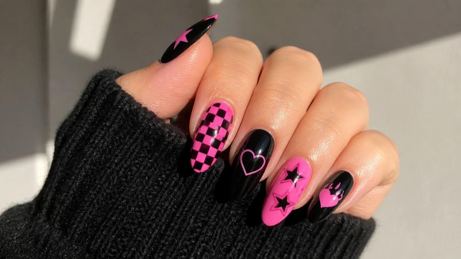 Black and pink emo Y2K nails with checkerboard, hearts and stars on almond tips