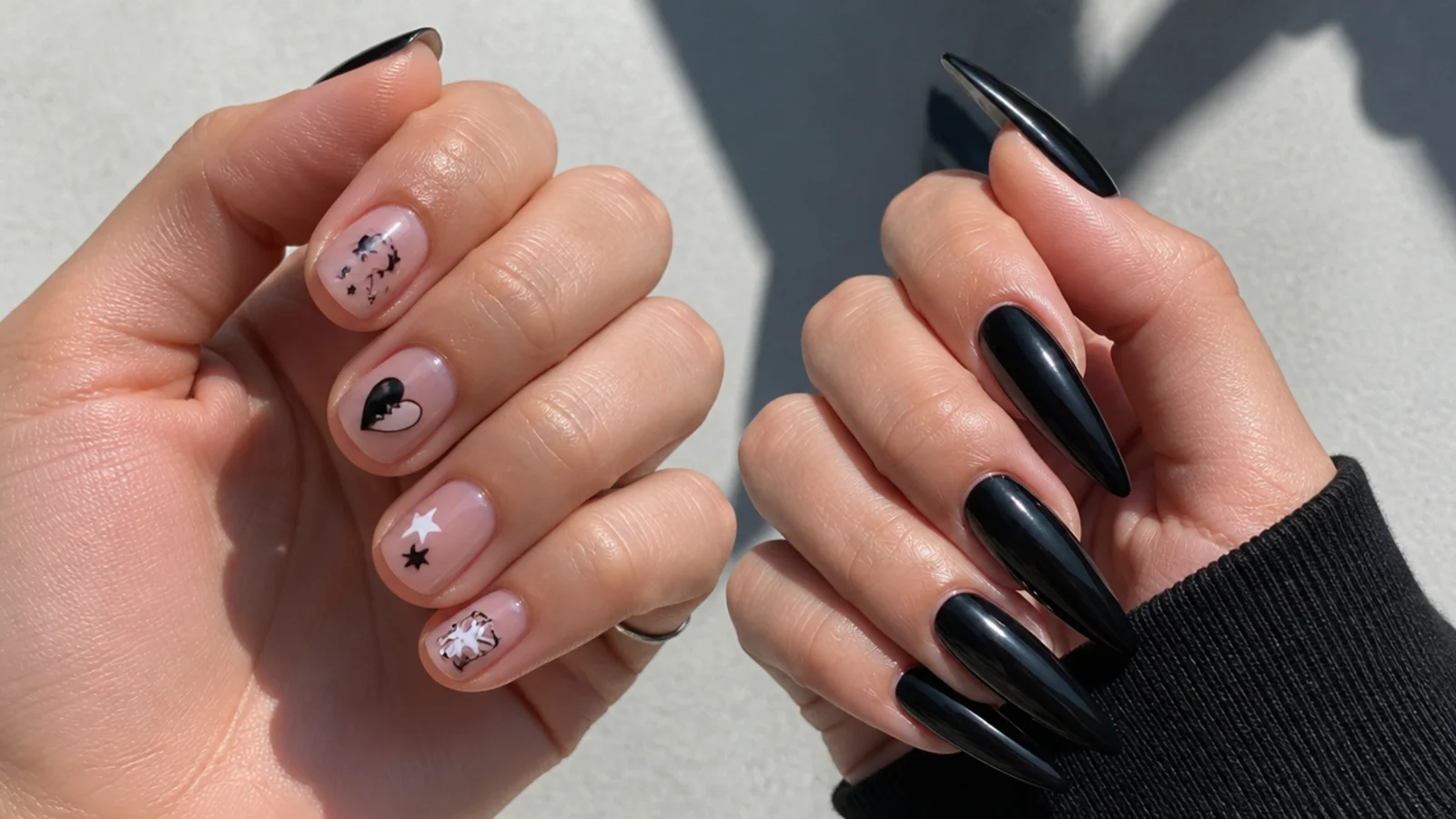 Short round nails with tiny emo motifs next to long black stiletto nails