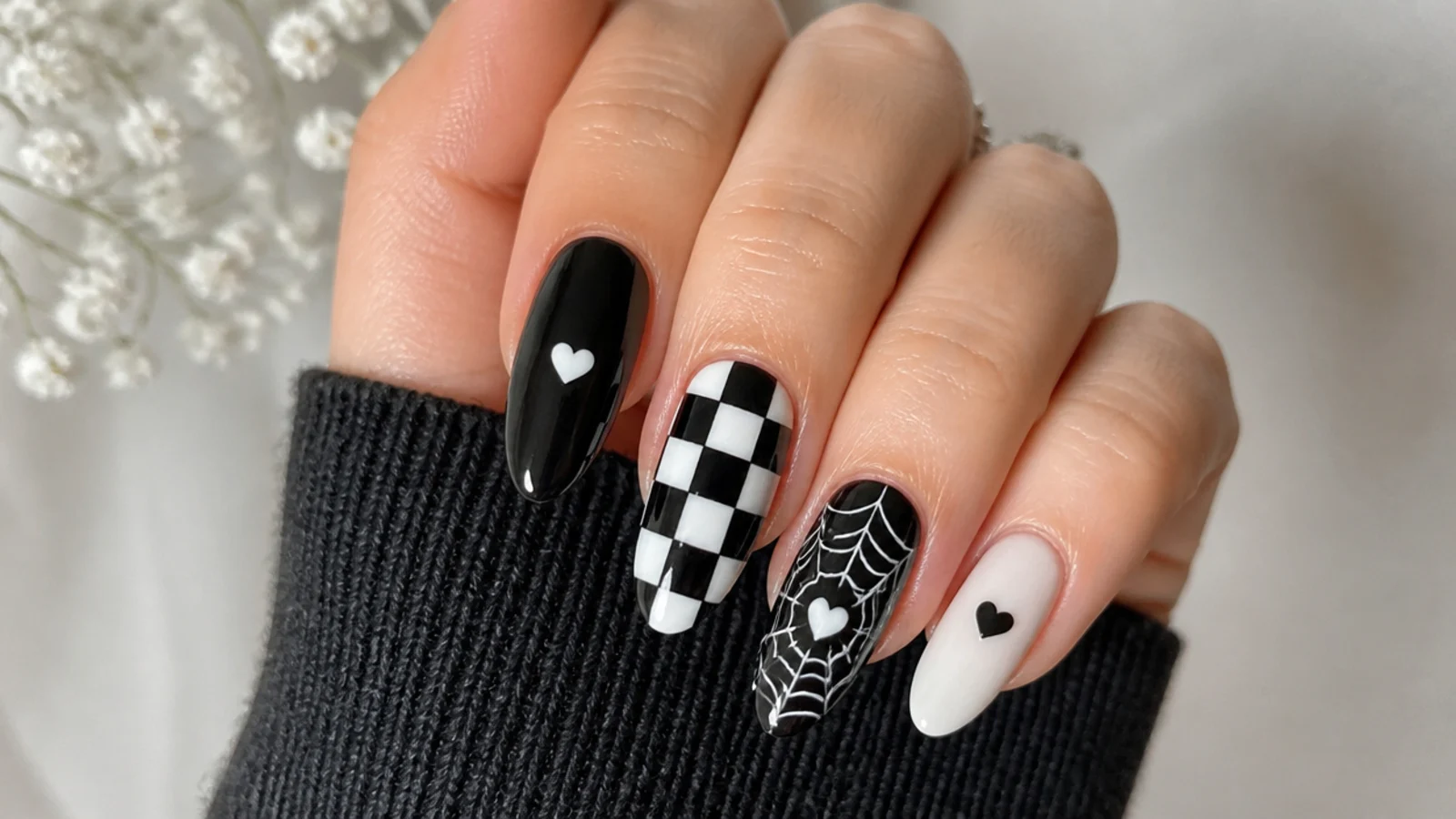 Black almond nails with white checkerboard, tiny hearts and a spiderweb accent done at home