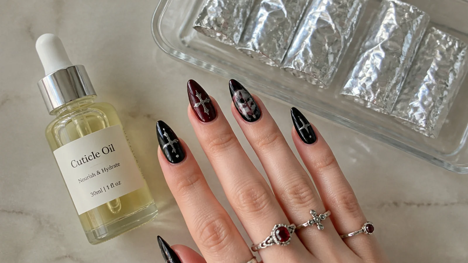 Cuticle oil and acetone foils for maintaining and removing detailed emo gel nails