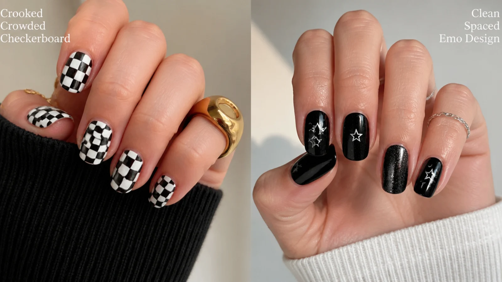 A crooked crowded checkerboard next to a clean spaced emo design for comparison