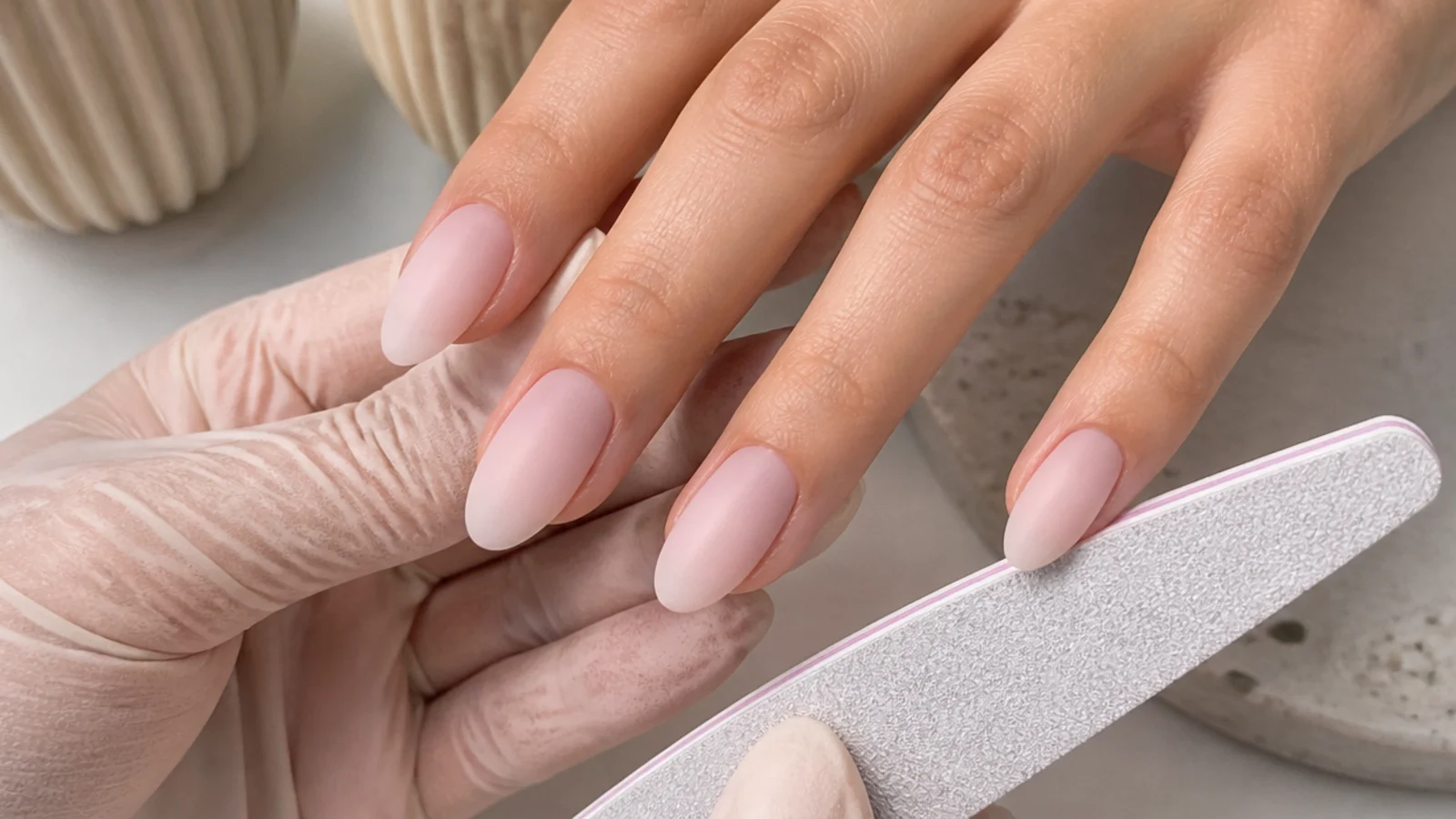 Nails being shaped into an almond point and buffed matte in preparation for gel